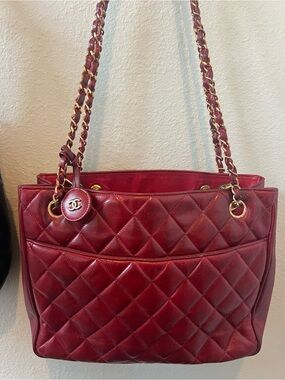 CHANEL Red Quilted Leather Shoulder Tote with Chain Strap